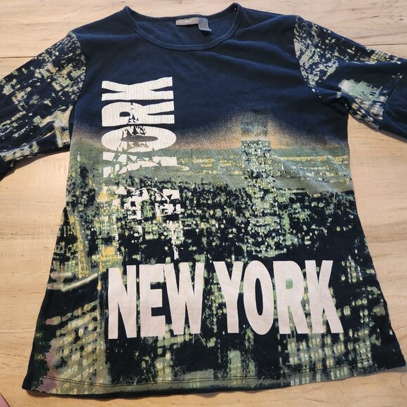 Apt. 9 New York T-Shirt NYC Skyline All Over Print Bling Rhinestone Womens Large - Picture 6 of 11